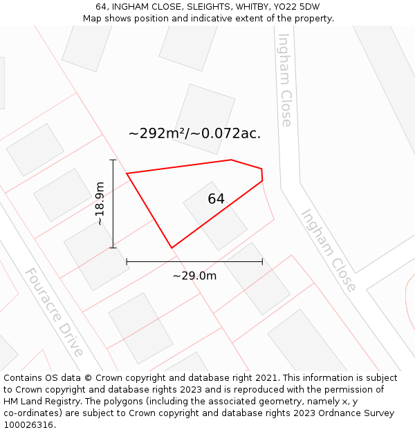 64, INGHAM CLOSE, SLEIGHTS, WHITBY, YO22 5DW: Plot and title map