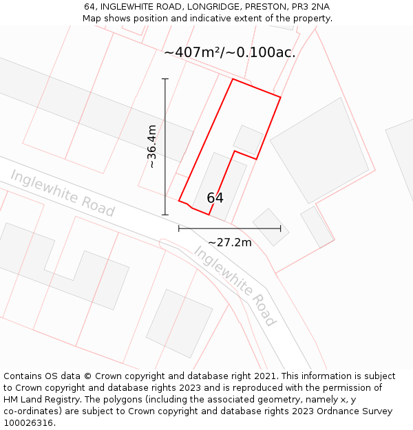64, INGLEWHITE ROAD, LONGRIDGE, PRESTON, PR3 2NA: Plot and title map