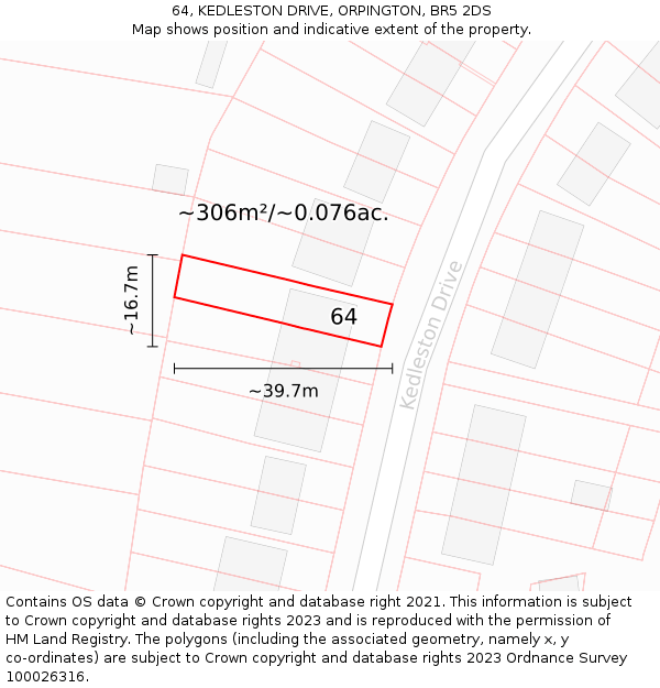 64, KEDLESTON DRIVE, ORPINGTON, BR5 2DS: Plot and title map