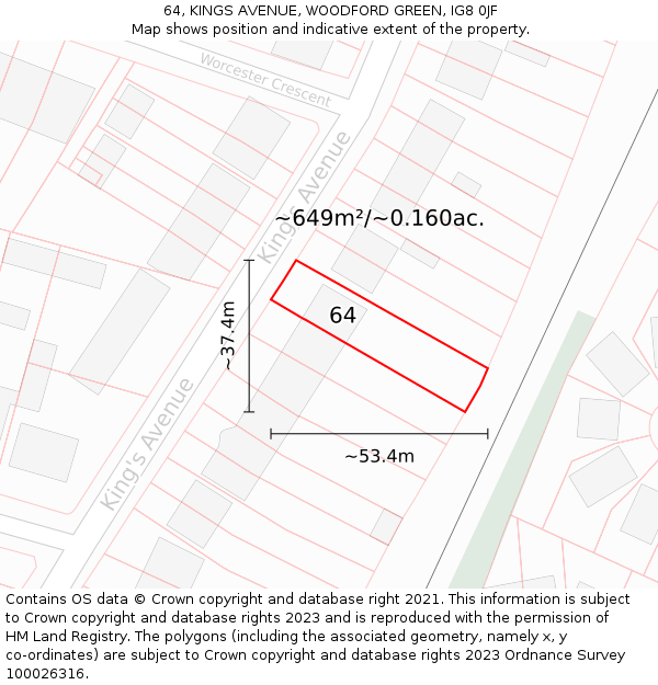 64, KINGS AVENUE, WOODFORD GREEN, IG8 0JF: Plot and title map