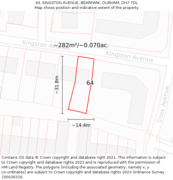 64, KINGSTON AVENUE, BEARPARK, DURHAM, DH7 7DL: Plot and title map