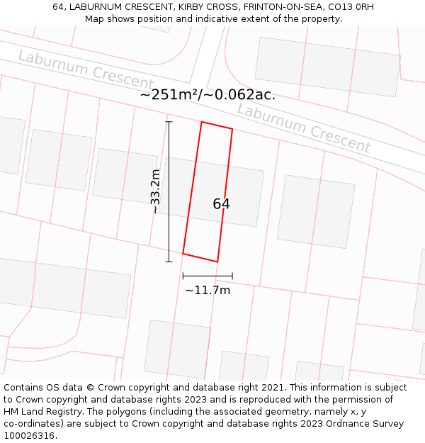 64, LABURNUM CRESCENT, KIRBY CROSS, FRINTON-ON-SEA, CO13 0RH: Plot and title map