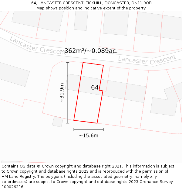 64, LANCASTER CRESCENT, TICKHILL, DONCASTER, DN11 9QB: Plot and title map