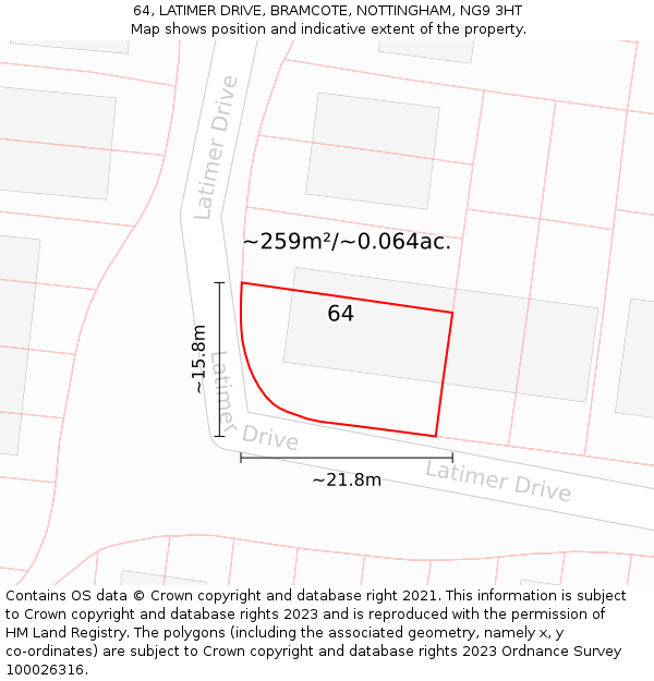 64, LATIMER DRIVE, BRAMCOTE, NOTTINGHAM, NG9 3HT: Plot and title map
