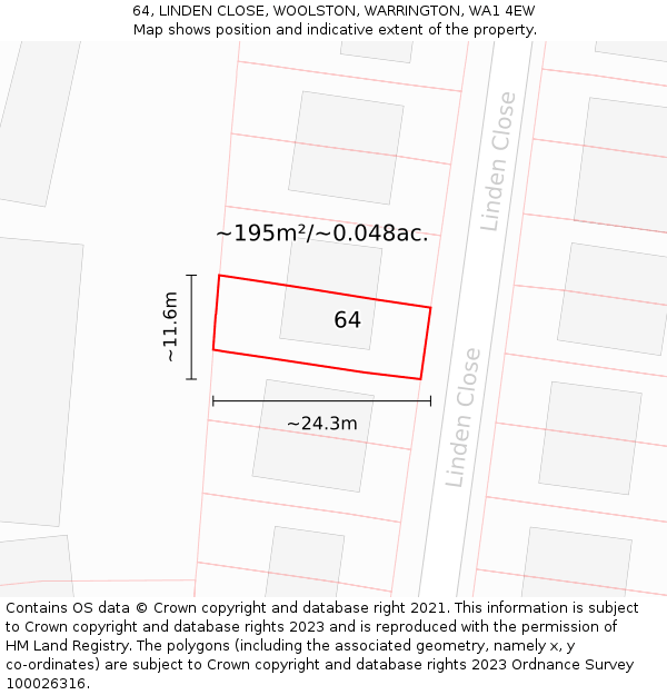64, LINDEN CLOSE, WOOLSTON, WARRINGTON, WA1 4EW: Plot and title map