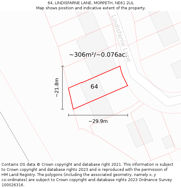 64, LINDISFARNE LANE, MORPETH, NE61 2UL: Plot and title map