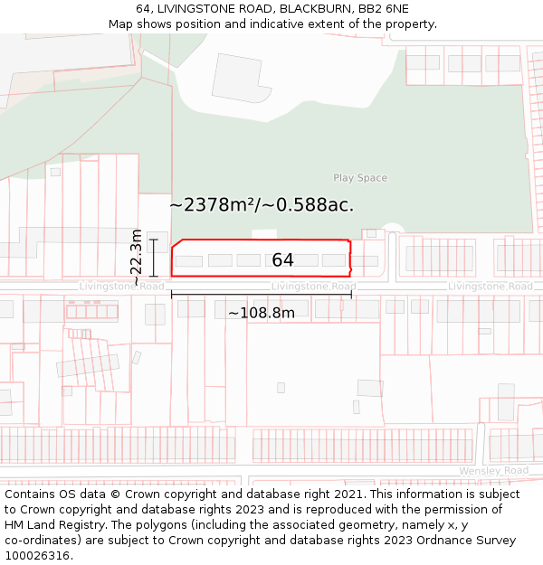 64, LIVINGSTONE ROAD, BLACKBURN, BB2 6NE: Plot and title map