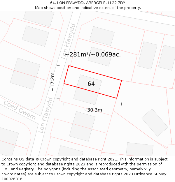 64, LON FFAWYDD, ABERGELE, LL22 7DY: Plot and title map