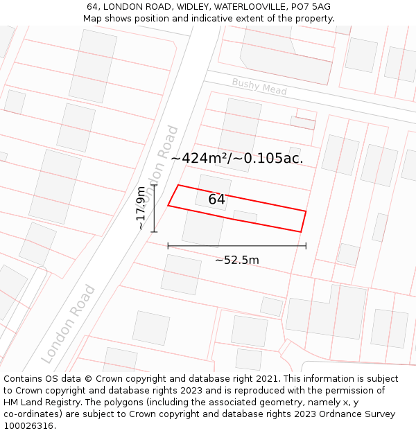 64, LONDON ROAD, WIDLEY, WATERLOOVILLE, PO7 5AG: Plot and title map