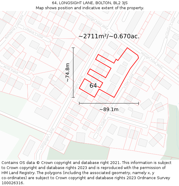 64, LONGSIGHT LANE, BOLTON, BL2 3JS: Plot and title map