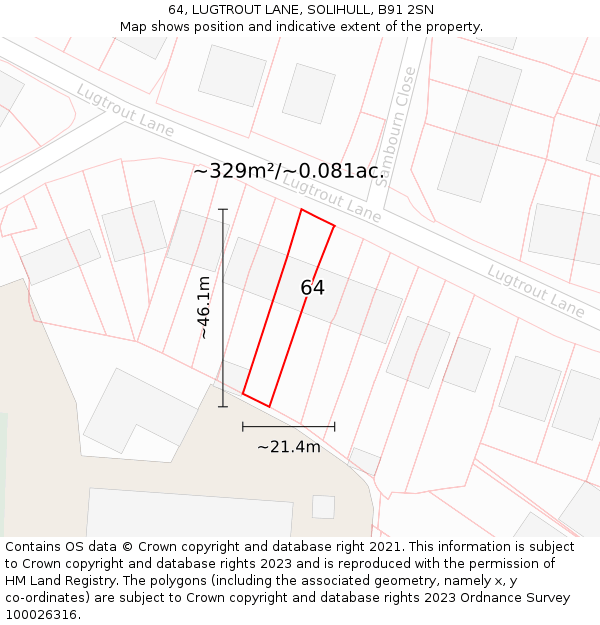 64, LUGTROUT LANE, SOLIHULL, B91 2SN: Plot and title map