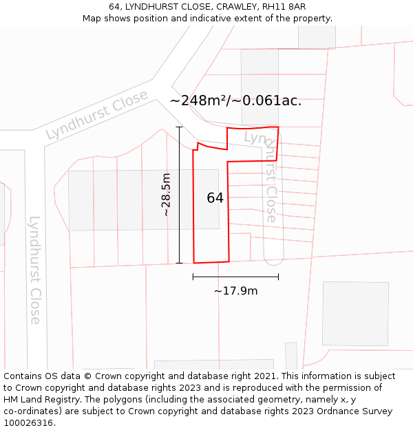 64, LYNDHURST CLOSE, CRAWLEY, RH11 8AR: Plot and title map