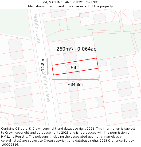 64, MABLINS LANE, CREWE, CW1 3RF: Plot and title map