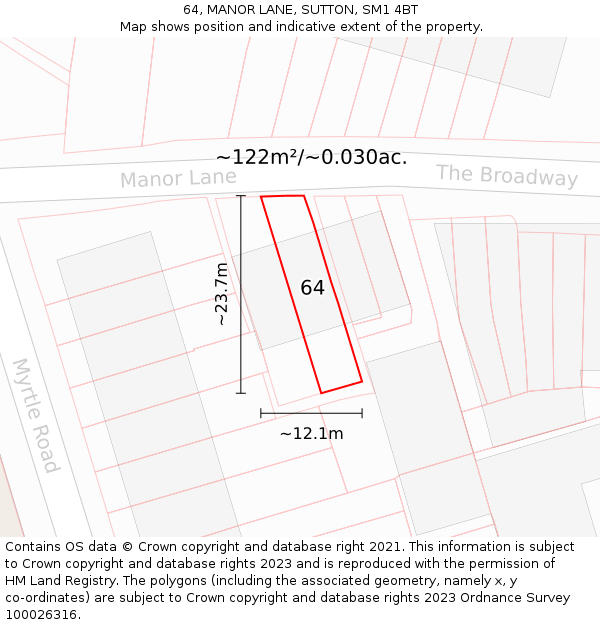 64, MANOR LANE, SUTTON, SM1 4BT: Plot and title map