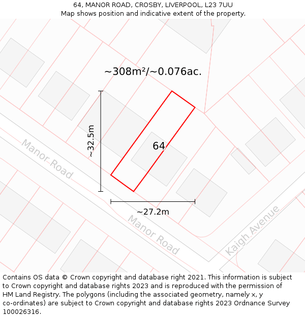 64, MANOR ROAD, CROSBY, LIVERPOOL, L23 7UU: Plot and title map