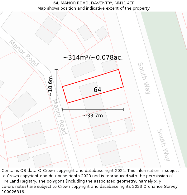 64, MANOR ROAD, DAVENTRY, NN11 4EF: Plot and title map