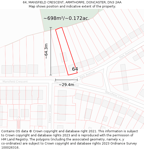 64, MANSFIELD CRESCENT, ARMTHORPE, DONCASTER, DN3 2AA: Plot and title map