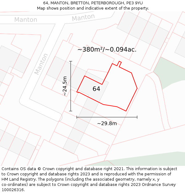 64, MANTON, BRETTON, PETERBOROUGH, PE3 9YU: Plot and title map