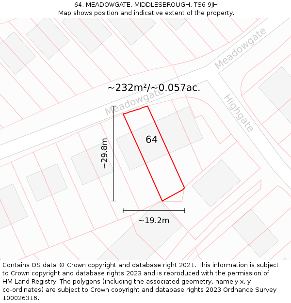 64, MEADOWGATE, MIDDLESBROUGH, TS6 9JH: Plot and title map