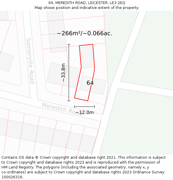 64, MEREDITH ROAD, LEICESTER, LE3 2EQ: Plot and title map