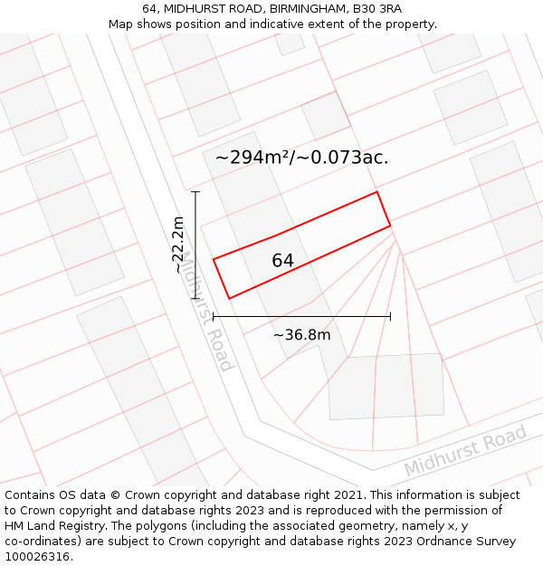 64, MIDHURST ROAD, BIRMINGHAM, B30 3RA: Plot and title map
