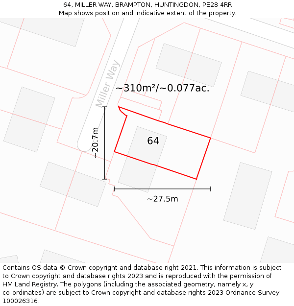 64, MILLER WAY, BRAMPTON, HUNTINGDON, PE28 4RR: Plot and title map
