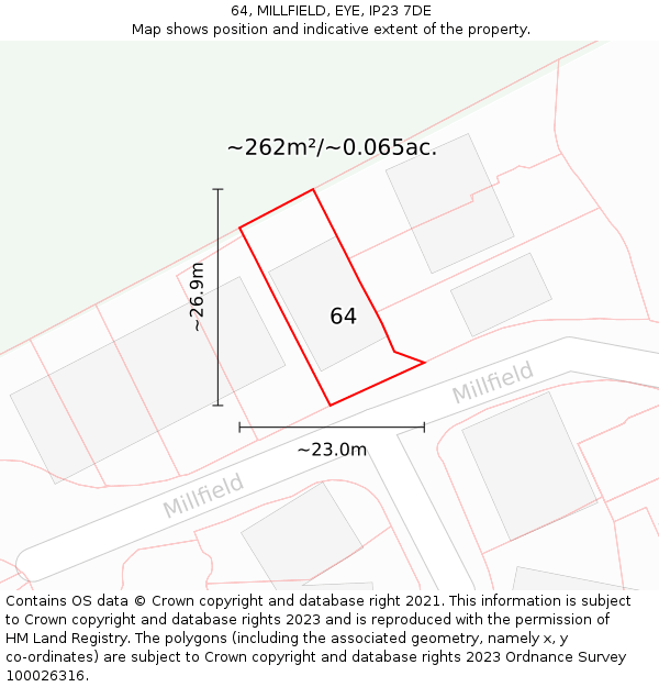 64, MILLFIELD, EYE, IP23 7DE: Plot and title map