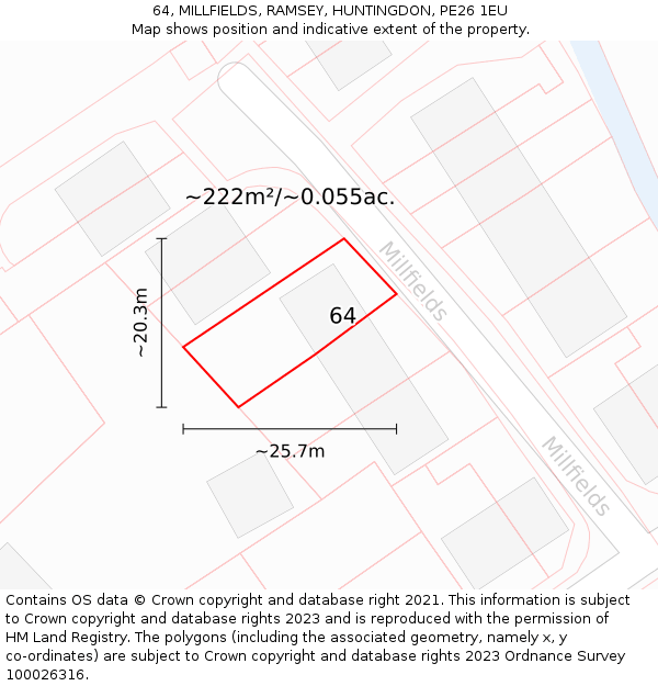 64, MILLFIELDS, RAMSEY, HUNTINGDON, PE26 1EU: Plot and title map