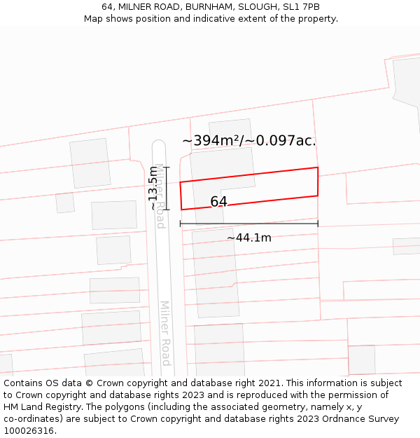 64, MILNER ROAD, BURNHAM, SLOUGH, SL1 7PB: Plot and title map