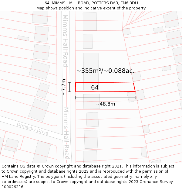 64, MIMMS HALL ROAD, POTTERS BAR, EN6 3DU: Plot and title map