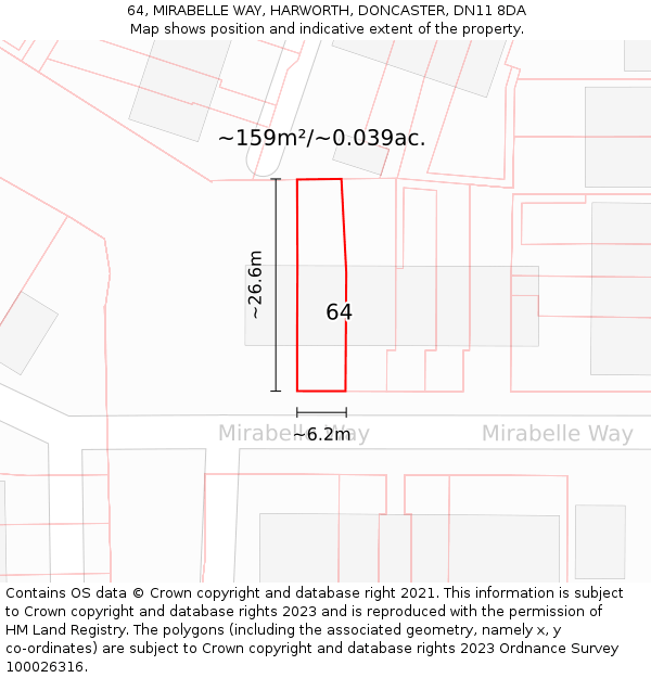 64, MIRABELLE WAY, HARWORTH, DONCASTER, DN11 8DA: Plot and title map