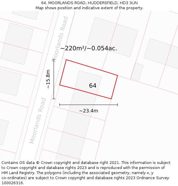 64, MOORLANDS ROAD, HUDDERSFIELD, HD3 3UN: Plot and title map