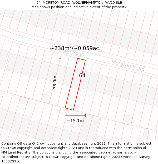 64, MORETON ROAD, WOLVERHAMPTON, WV10 8LB: Plot and title map