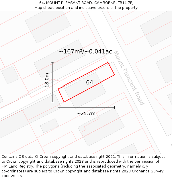 64, MOUNT PLEASANT ROAD, CAMBORNE, TR14 7RJ: Plot and title map
