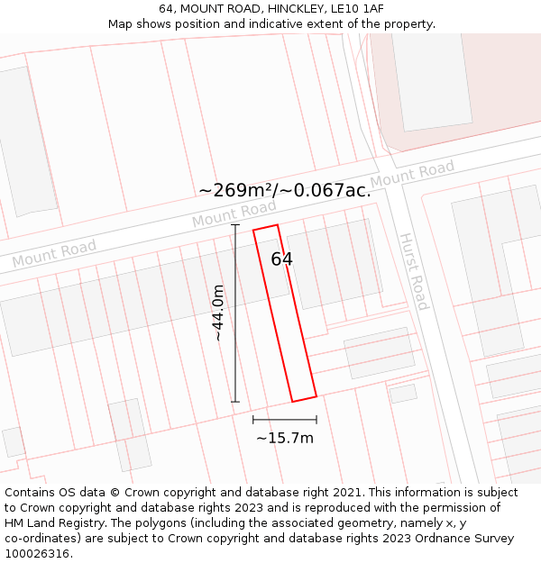 64, MOUNT ROAD, HINCKLEY, LE10 1AF: Plot and title map