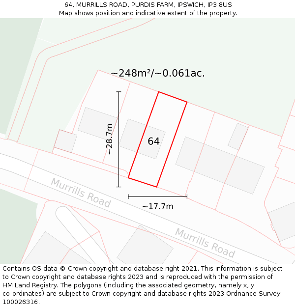 64, MURRILLS ROAD, PURDIS FARM, IPSWICH, IP3 8US: Plot and title map