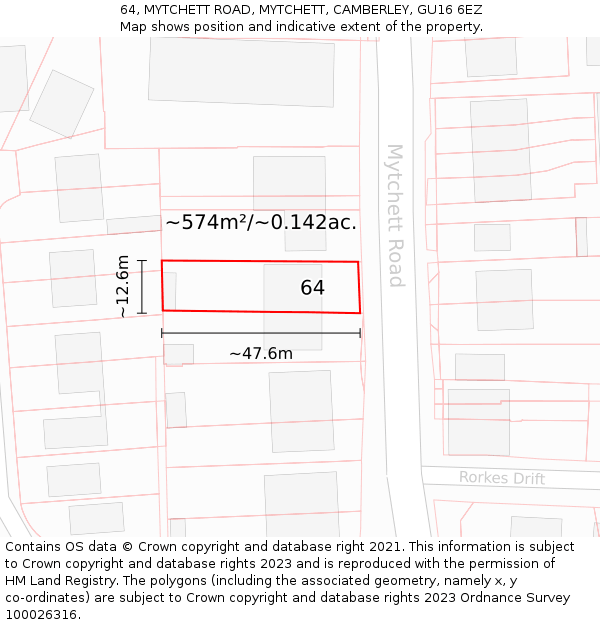 64, MYTCHETT ROAD, MYTCHETT, CAMBERLEY, GU16 6EZ: Plot and title map