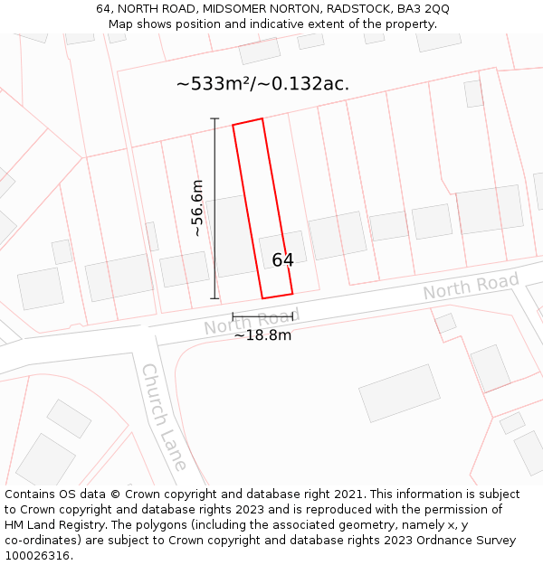 64, NORTH ROAD, MIDSOMER NORTON, RADSTOCK, BA3 2QQ: Plot and title map