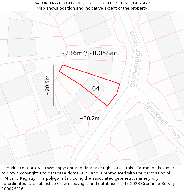 64, OKEHAMPTON DRIVE, HOUGHTON LE SPRING, DH4 4YB: Plot and title map