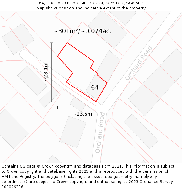 64, ORCHARD ROAD, MELBOURN, ROYSTON, SG8 6BB: Plot and title map