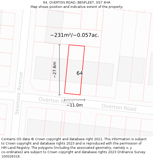 64, OVERTON ROAD, BENFLEET, SS7 4HA: Plot and title map