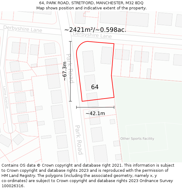 64, PARK ROAD, STRETFORD, MANCHESTER, M32 8DQ: Plot and title map