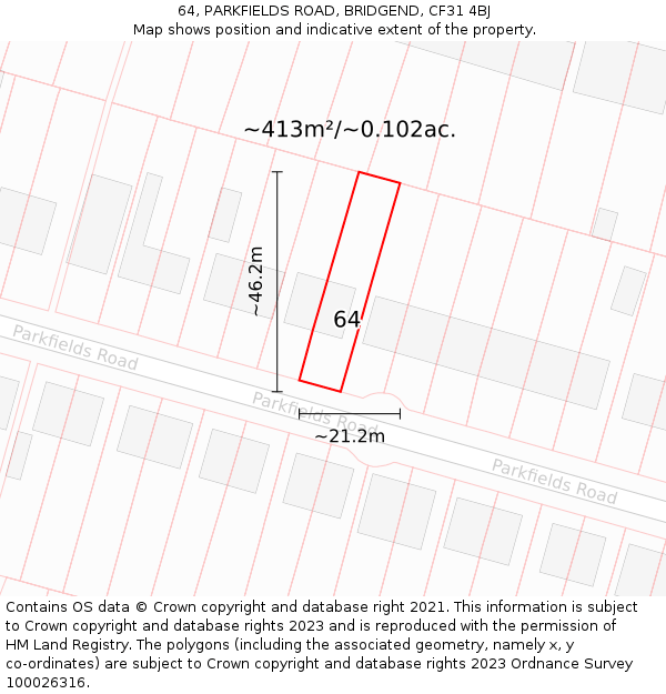 64, PARKFIELDS ROAD, BRIDGEND, CF31 4BJ: Plot and title map