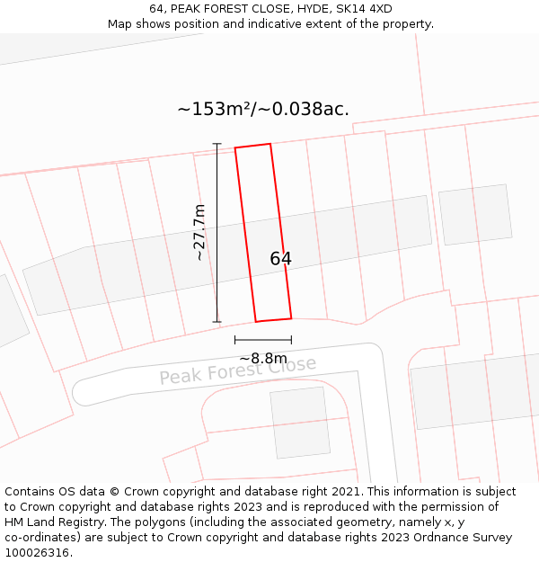 64, PEAK FOREST CLOSE, HYDE, SK14 4XD: Plot and title map