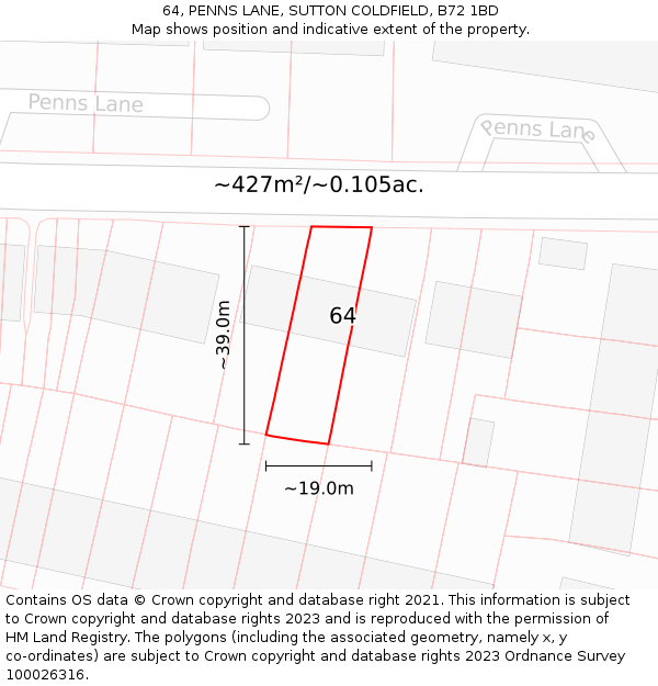 64, PENNS LANE, SUTTON COLDFIELD, B72 1BD: Plot and title map