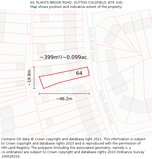 64, PLANTS BROOK ROAD, SUTTON COLDFIELD, B76 1HD: Plot and title map