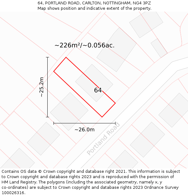 64, PORTLAND ROAD, CARLTON, NOTTINGHAM, NG4 3PZ: Plot and title map