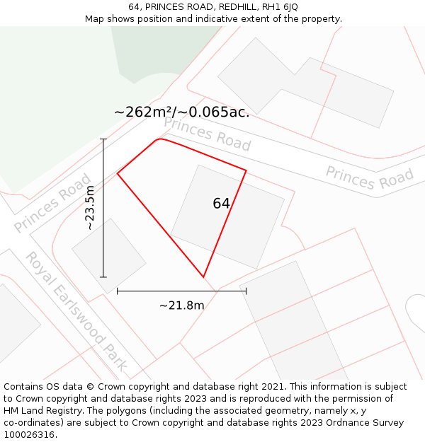 64, PRINCES ROAD, REDHILL, RH1 6JQ: Plot and title map