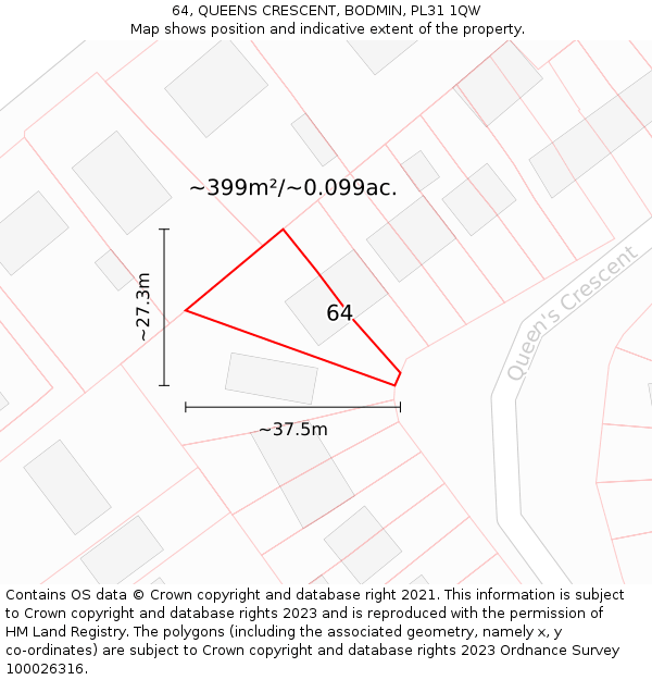 64, QUEENS CRESCENT, BODMIN, PL31 1QW: Plot and title map