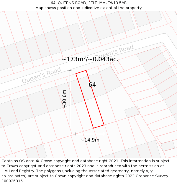 64, QUEENS ROAD, FELTHAM, TW13 5AR: Plot and title map